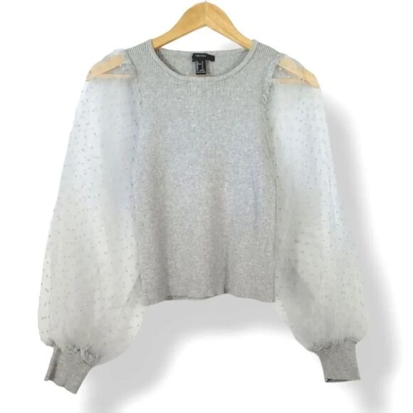 NEW Forever 21 Sheer Swiss Dot Puff Sleeve Rib Knit Sweater in Gray Size Small - Picture 4 of 13